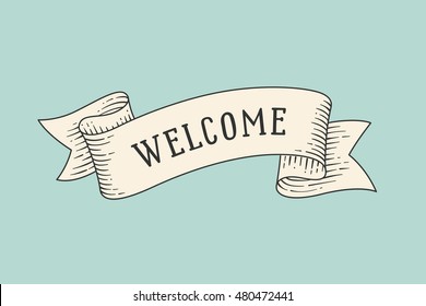 Greeting card with ribbon and word Welcome. Vector Illustration