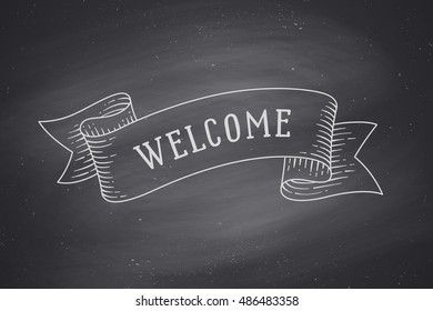 Greeting card with ribbon and word Welcome. Old ribbon banner in engraving style. Old school hand drawn vintage ribbon for message, card or banner. Waving ribbon on green backdrop. Vector Illustration