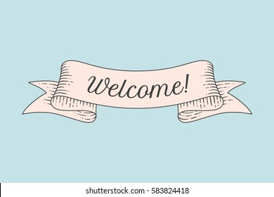 Tarjeta de saludo con cinta y palabra Bienvenida. Banner de cinta antigua con estilo grabado. Cinta vintage de la vieja escuela para carteles, afiches, tarjetas de regalo, tarjetas de felicitación, web. Ilustración vectorial