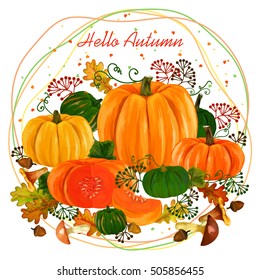 greeting card with ripe pumpkin. Acorns and Oak Leaves Vector Pattern. pumpkin. greeting card. festival. autumn motifs. vector illustration. harvesting. mushrooms. chanterelle.  Hello, Autumn.