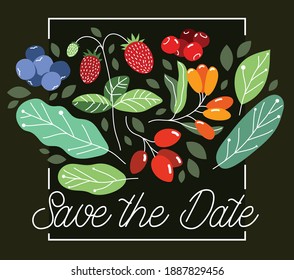 Greeting card with ripe wild berries and fresh green leaves vector flat drawing over dark, floral design composition diet natural food mockup, invitation or anniversary theme, congratulations.
