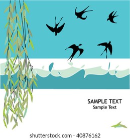 Greeting Card with river, three and swallows