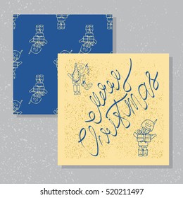Greeting card with robot character and pattern, lettering design. Merry Christmas