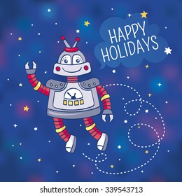 Tarjeta de saludo con un robot en el espacio exterior, ilustración vectorial, contiene malla gradiente