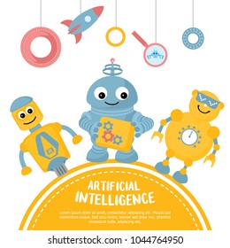 Greeting card with robots and tools. Childish illustration with funny spaceman. Space theme. Artificial intelligence. Place for your text.