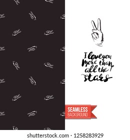 Greeting card with rock-style seamless pattern, text: i love you more than all the stars. Hand drawn graphic rock music attributes doodle elements. Vector template for music band, concert, party.