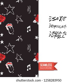 Greeting card with rock-style seamless pattern, text: sex drugs rock-n-roll. Hand drawn graphic rock music attributes doodle elements. Vector template for music band, concert, party.