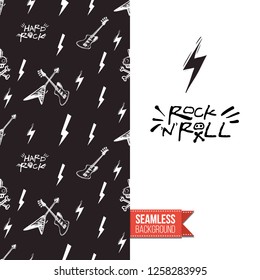 Greeting card with rock-style seamless pattern, text: rock'n'roll. Hand drawn graphic rock music attributes doodle elements. Vector template for music band, concert, party.