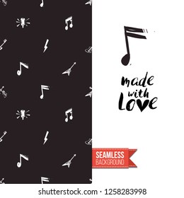 Greeting card with rock-style seamless pattern, text: made with love. Hand drawn graphic rock music attributes doodle elements. Vector template for music band, concert, party.
