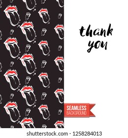 Greeting card with rock-style seamless pattern, text: thank you. Hand drawn graphic rock music attributes doodle elements. Vector template for music band, concert, party.