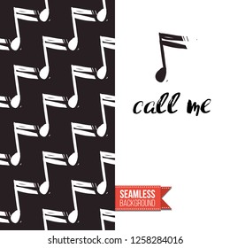 Greeting card with rock-style seamless pattern, text: call me. Hand drawn graphic rock music attributes doodle elements. Vector template for music band, concert, party. Invitation, postcard or flyer.