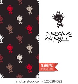 Greeting card with rock-style seamless pattern, text: rock'n'roll. Hand drawn graphic rock music attributes doodle elements. Vector template for music band, concert, party.