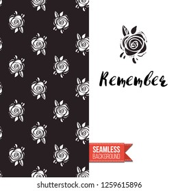 Greeting card with rock-style seamless pattern, text: remember. Hand drawn graphic rock music attributes doodle elements. Vector template for music band, concert, party. Invitation, postcard or flyer.