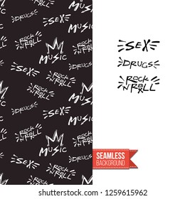Greeting card with rock-style seamless pattern, text: sex drugs rock-n-roll. Hand drawn graphic rock music attributes doodle elements. Vector template for music band, concert, party.