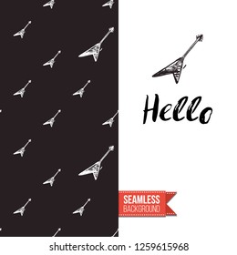 Greeting card with rock-style seamless pattern, text: hello. Hand drawn graphic rock music attributes doodle elements. Vector template for music band, concert, party. Invitation, postcard or flyer.