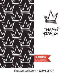 Greeting card with rock-style seamless pattern, text: hard rock. Hand drawn graphic rock music attributes doodle elements. Vector template for music band, concert, party.