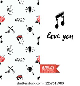 Greeting card with rock-style seamless pattern, text: love you. Hand drawn graphic rock music attributes doodle elements. Vector template for music band, concert, party. Invitation, postcard or flyer.