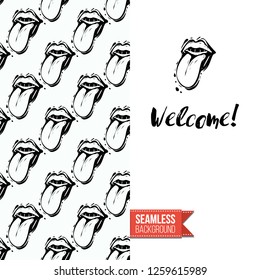 Greeting card with rock-style seamless pattern, text: welcome. Hand drawn graphic rock music attributes doodle elements. Vector template for music band, concert, party. Invitation, postcard or flyer.