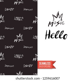 Greeting card with rock-style seamless pattern, text: hello. Hand drawn graphic rock music attributes doodle elements. Vector template for music band, concert, party. Invitation, postcard or flyer.