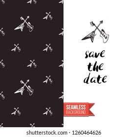 Greeting card with rock-style seamless pattern, text: save the date. Hand drawn graphic rock music attributes doodle elements. Vector template for music band, concert, party.