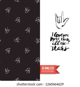 Greeting card with rock-style seamless pattern, text: i love you more than all the stars. Hand drawn graphic rock music attributes doodle elements. Vector template for music band, concert, party.