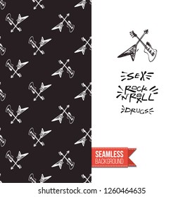 Greeting card with rock-style seamless pattern, text: sex drugs and rock'n'roll. Hand drawn graphic rock music attributes doodle elements. Vector template for music band, concert, party.