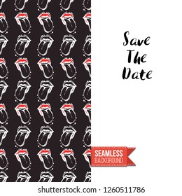 Greeting card with rock-style seamless pattern, text: save the date. Hand drawn graphic rock music attributes doodle elements. Vector template for music band, concert, party.