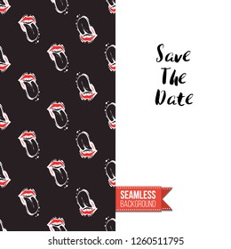 Greeting card with rock-style seamless pattern, text: save the date. Hand drawn graphic rock music attributes doodle elements. Vector template for music band, concert, party.