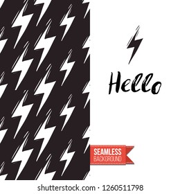 Greeting card with rock-style seamless pattern, text: hello. Hand drawn graphic rock music attributes doodle elements. Vector template for music band, concert, party. Invitation, postcard or flyer.