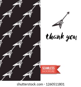 Greeting card with rock-style seamless pattern, text: thank you. Hand drawn graphic rock music attributes doodle elements. Vector template for music band, concert, party.