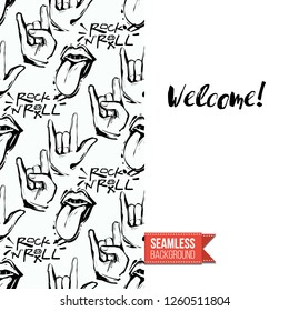 Greeting card with rock-style seamless pattern, text: welcome. Hand drawn graphic rock music attributes doodle elements. Vector template for music band, concert, party. Invitation, postcard or flyer.