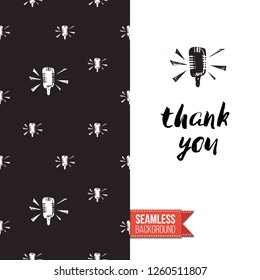 Greeting card with rock-style seamless pattern, text: thank you. Hand drawn graphic rock music attributes doodle elements. Vector template for music band, concert, party.