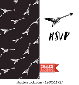 Greeting card with rock-style seamless pattern, text: rsvp. Hand drawn graphic rock music attributes doodle elements. Vector template for music band, concert, party. Invitation, postcard or flyer.