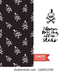 Greeting card with rock-style seamless pattern, text: i love you more than all the stars. Hand drawn graphic rock music attributes doodle elements. Vector template for music band, concert, party.