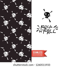 Greeting card with rock-style seamless pattern, text: rock'n'roll. Hand drawn graphic rock music attributes doodle elements. Vector template for music band, concert, party.