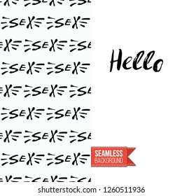 Greeting card with rock-style seamless pattern, text: hello. Hand drawn graphic rock music attributes doodle elements. Vector template for music band, concert, party. Invitation, postcard or flyer.