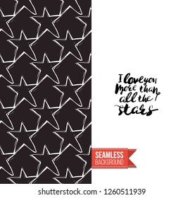 Greeting card with rock-style seamless pattern, text: i love you more than all the stars. Hand drawn graphic rock music attributes doodle elements. Vector template for music band, concert, party.