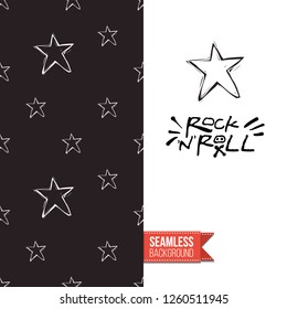 Greeting card with rock-style seamless pattern, text: rock'n'roll. Hand drawn graphic rock music attributes doodle elements. Vector template for music band, concert, party.