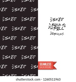 Greeting card with rock-style seamless pattern, text: sex drugs and rock'n'roll. Hand drawn graphic rock music attributes doodle elements. Vector template for music band, concert, party.