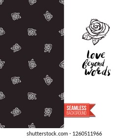 Greeting card with rock-style seamless pattern, text: love beyond words. Hand drawn graphic rock music attributes doodle elements. Vector template for music band, concert, party.