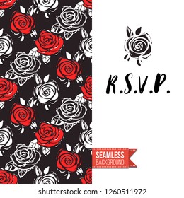 Greeting card with rock-style seamless pattern, text: r.s.v.p.. Hand drawn graphic rock music attributes doodle elements. Vector template for music band, concert, party. Invitation, postcard or flyer.