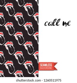 Greeting card with rock-style seamless pattern, text: call me. Hand drawn graphic rock music attributes doodle elements. Vector template for music band, concert, party. Invitation, postcard or flyer.