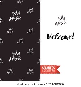 Greeting card with rock-style seamless pattern, text: welcome. Hand drawn graphic rock music attributes doodle elements. Vector template for music band, concert, party. Invitation, postcard or flyer.