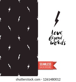 Greeting card with rock-style seamless pattern, text: love beyond words. Hand drawn graphic rock music attributes doodle elements. Vector template for music band, concert, party.