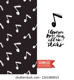 Greeting card with rock-style seamless pattern, text: i love you more than all the stars. Hand drawn graphic rock music attributes doodle elements. Vector template for music band, concert, party.
