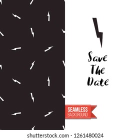 Greeting card with rock-style seamless pattern, text: save the date. Hand drawn graphic rock music attributes doodle elements. Vector template for music band, concert, party.
