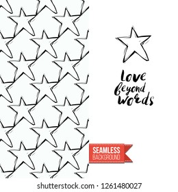 Greeting card with rock-style seamless pattern, text: love beyond words. Hand drawn graphic rock music attributes doodle elements. Vector template for music band, concert, party.