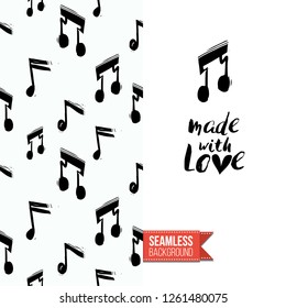 Greeting card with rock-style seamless pattern, text: made with love. Hand drawn graphic rock music attributes doodle elements. Vector template for music band, concert, party.