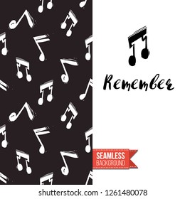 Greeting card with rock-style seamless pattern, text: remember. Hand drawn graphic rock music attributes doodle elements. Vector template for music band, concert, party. Invitation, postcard or flyer.