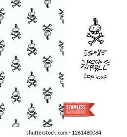 Greeting card with rock-style seamless pattern, text: sex drugs and rock'n'roll. Hand drawn graphic rock music attributes doodle elements. Vector template for music band, concert, party.